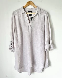 Neu! ELIE TAHARI lange Tunika mit Roll-Riegelärmeln taubengrau 100 % Leinen. 1X - Bild 1 von 6