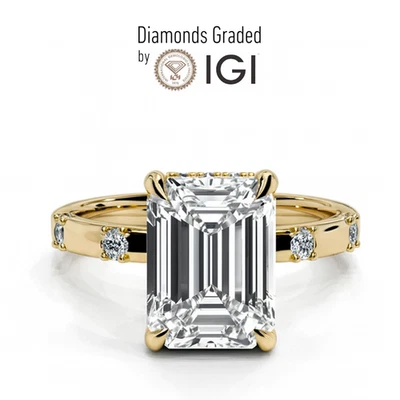 Anillo de compromiso de diamantes de laboratorio corte esmeralda IGI Cert 2,30 quilates D VS2 de oro amarillo de 14 quilates Foto 1 de 4