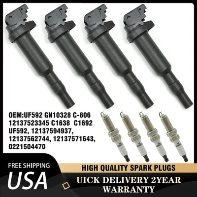 4 Ignition Coil UF592 & Iridium Spark Plug for BMW 228i 320i 328i 428i 528i 535i - Изображение 1 из 4