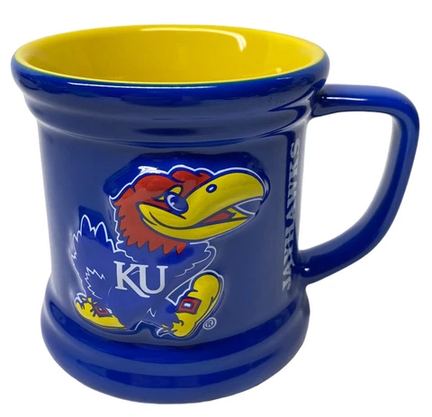 KU Jayhawks University of Kansas Coffee Cup Mug 3D KU Blue & Yellow Cover