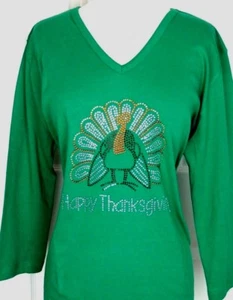 S M L or XL Rhinestone Happy Thanksgiving Turkey Hand Embellished Top Shirt - Picture 1 of 9