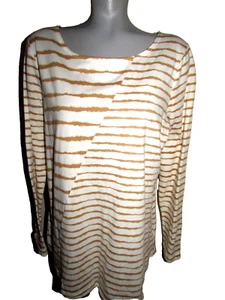 NWT $36, KIM ROGERS White & Tan Long Sleeves Tunic Top, Size Large, 100% Cotton - Picture 1 of 11
