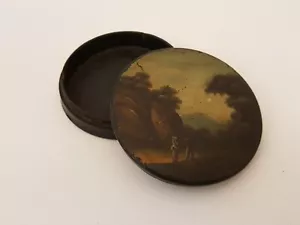 Antike 1870er Jahre feine Pappmaché Schnupftabakdose mit Deckel handbemalt Landschaft 3,5" - Bild 1 von 19