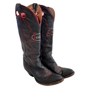 Justin boots knee high mens 9.5 D black leather red embroidered logo western - Picture 1 of 13