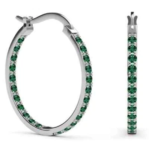 Natural Green Emerald Gemstone silver Round hoop huggie Earrings gift for Her - Picture 1 of 4