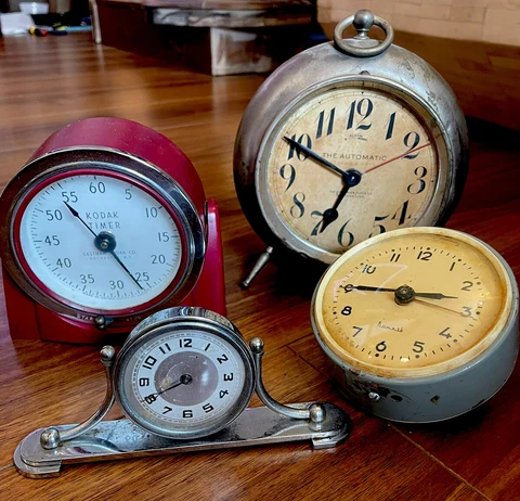 Lot Of Antique Alarm Clocks, Desk Clocks, Kodak Timer Cover