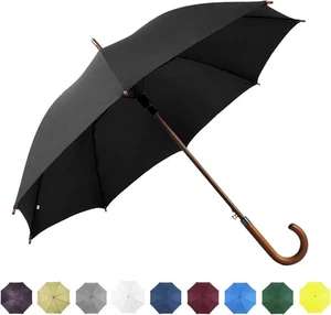 Klassischer Regenschirm Automatik Öffnen Holzstock Winddicht Faltbar Regen Schwarz Stark - Bild 1 von 9