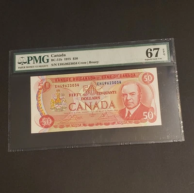 Billete de $50 del Banco de Canadá 1975 con una gema rara sin circular-67 clasificada por pmg.CROW & BOUEY. EPQ Foto 1 de 2