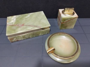 Marmor Raucherset 3 teilig Messing - FBM Feuerzeug Aschenbescher Zigarettendose - Bild 1 von 18