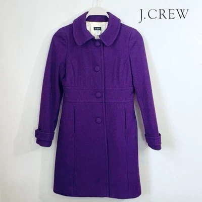 J. Crew 羊毛混纺女士日间外套 0 紫色 二手状况完好 2009 Dressy Pockets Preppy — 第 1/4 张图片