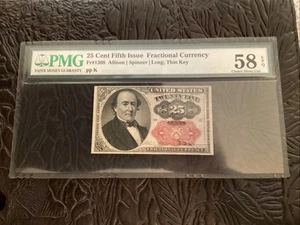 1874 25c Fractional Currency PMG 58 EPQ Fr. 1308 Allison/Spinner/Long, Thin Key - Picture 1 of 5