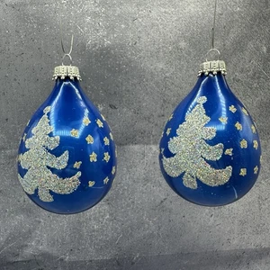 Glass Krebs Blue Teardrop Glitter Christmas Tree and Stars Ornament 3" - Picture 1 of 7