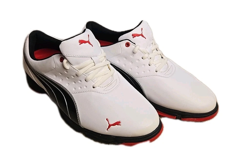 ZAPATOS DE GOLF PUMA 186487 01 ECO ORTOLITE HOMBRE BLANCO/NEGRO rayas CUERO TALLA 8,5 Foto 1 de 4