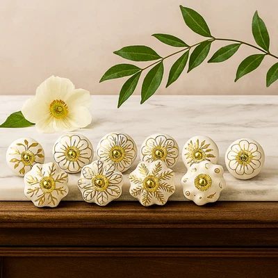 Set Of 10 Vintage Ceramic Knobs White and golden Floral Cabinet Pulls - Image 1 of 4