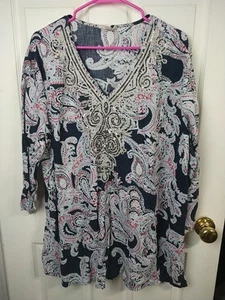 Charter Club 3XLinen Luxury Tunic V Neck Casual 100 Linen Sequin 3/4 Paisley... - Picture 1 of 8
