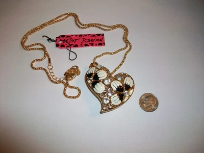 Betsey Johnson Black & White Enamel & Rhinestone Heart Necklace - NWT - Signed - Image 1 of 4