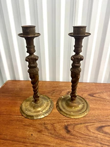 Antique Pair Of Bronze Aztec Primitive Figurine Candlestick Holders - Picture 1 of 11