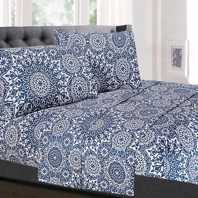 Oasis Blue Mandala Printed 4-Piece Microfiber Sheet Set