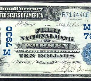 🇺🇸 IN 1902 $10 ♚♚WARREN, INDIANA♚♚ PMG CHOICE VERY FINE 35 SCARCE NOTE ! - Picture 1 of 3