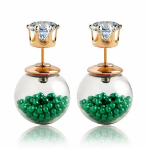 Pretty Double Sided Earrings: Green Beads in a Glass Ball & a Crystal Stud: UK - Picture 1 of 9