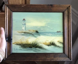 Bonita pintura vintage de paisaje marino de faro costero de mediados de siglo de Maine - Imagen 1 de 6