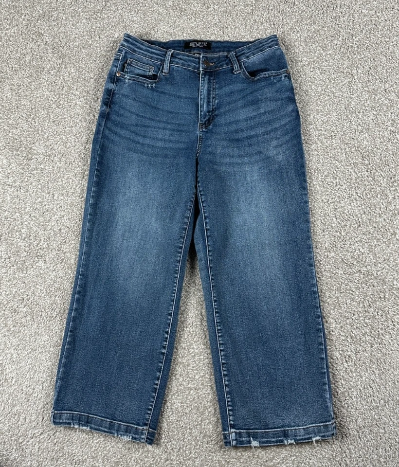 Judy 蓝色牛仔裤女式 11/30 弹力牛仔宽腿裁剪高腰 *28x23.5 — 第 1/4 张图片