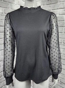 Mock Neck Top Mesh Long Sleeve Shirt Polka Dot Ruffle Womens Size Medium Black - Picture 1 of 8