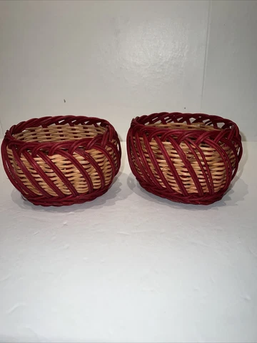Lot Of 2 Vintage Miniature Hand Woven Oval Reed Basket Trinket 3" Tall Red Brown Cover