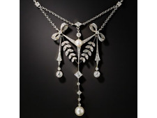 Freshwater Pearl Festoon Necklace 925 Fine Silver White Bow & Leaf Design Jewel
