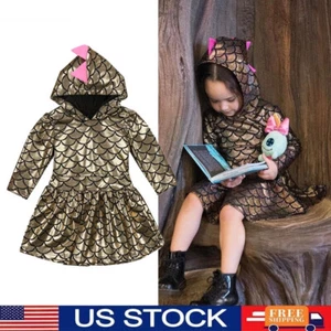 Toddler Baby Girls Dinosaur Dresses Hooded Long Sleeve Dress Girl Clothes - Picture 1 of 9