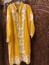 Boho Tunic Dress Sheer Georgette Yellow White Embroidered Housedress Caftan 2X