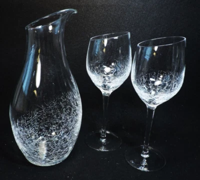 2 PIER 1 CLEAR CRACKLE GLASS SLANT WINE GLASSES + MATCHING DECANTER / CARAFE - Image 1 of 4