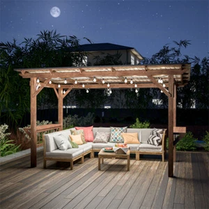 13' x 6.5' Wooden Pergola Grill Gazebo with Metal Roof & Bulbs & Bar Counters - Picture 1 of 13