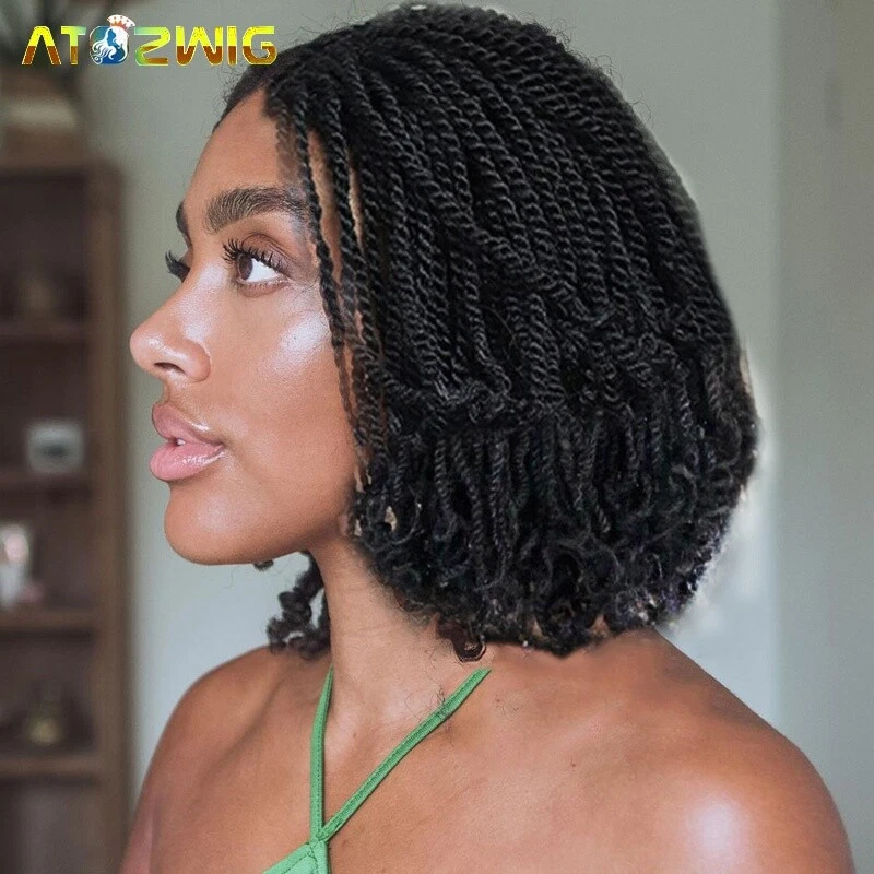 Pelucas trenzadas de cabello con extremos rizados cortas negras sintéticas naturales  Foto 1 de 4
