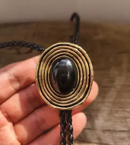 Big Black Obsidian Mens BOLO Tie Wedding Necklace Western Cowboy Bola Necktie - Picture 1 of 8