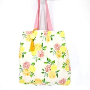 Cotton Canvas Citrus Tote Bag Pink Yellow Lemon Tassel Preppy Spring Summer - Picture 1 of 8