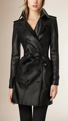 Womens Black Leather Trench Coat Pure Lambskin Size S M L XL XXL 3XL Custom Made - Image 1 of 4