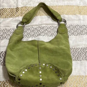 (X1) Green Lucky Brand Suede Peace Sign Bag with Brass Studs, Large - Picture 1 of 16