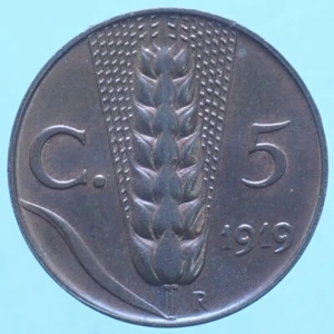VITTORIO EMANUELE III 5 CENTESIMI 1919 SPIGA RAME COPPER MONETA NUMISMATICA - Imagen 1 de 2