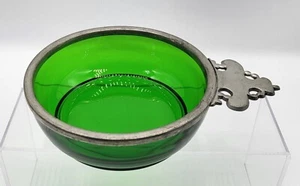 1940s Emerald Green Glass Bowl Pewter Handle Marked Etain Griffin Mark - Picture 1 of 13