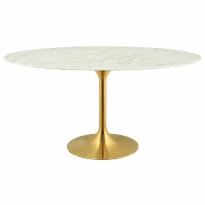 Modway Lippa 60"" Oval Faux Marble Top Pedestal Dining Table in Gold - Image 1 of 4