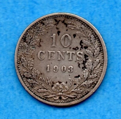 Netherlands 1903 10 Ten Cents Silver Coin KM #135 - Very Fine - Image 1 of 2