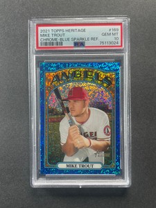 2021 Topps Heritage #169 Mike Trout Chrome Blue Sparkle Refractor PSA 10 GEM MT