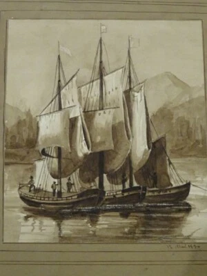 Ecole FRANCAISE XIX DESSIN PAYSAGE MARINE BATEAUX LAC LEMAN ? ROMANTISME 1834 - Photo 1/4