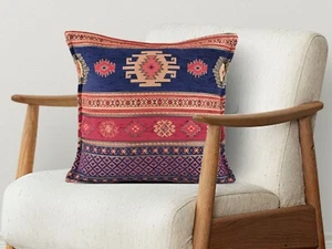 Turkish Woven Fabric Kilim Pattern Decorative Lumbar Pillow Cover Ethnic Tribal - Picture 1 of 8