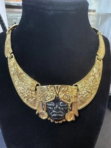 Vintage Necklace Salvador Teran Mexico Aztec Face 24K Gold Plate (CJ-A3-1-8) - Picture 1 of 5