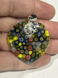 VTG Heart Art glass Millefiori Pendant Charm floral Murano Glass - Picture 1 of 5