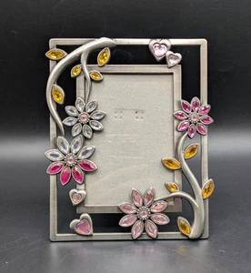 Zinn Bilderrahmen mit Blumen Strass und Herzen hält 3 1/2 x 5 Foto - Bild 1 von 7