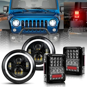 7" Halo LED Headlights Tail Lights Combo Plug & Play For Jeep Wrangler 2007-2017 - Picture 1 of 12