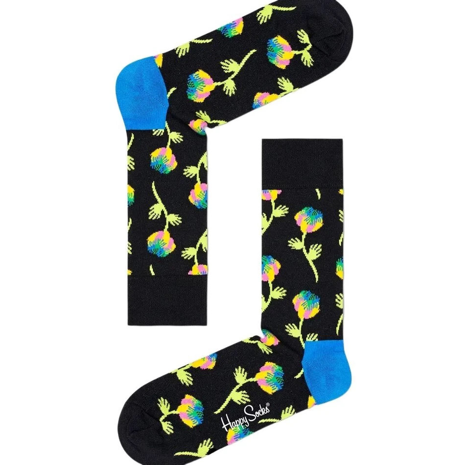 HAPPY SOCKS Men's Black Hand Flower Combed Cotton Socks Size 8-12 NWT - Image 1 of 1